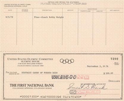 1979 USA Olympic Committee Check With Letter For Bobby Knight Pan-American Games Fine 